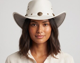 White Leather Cowboy Hat, Western Rancher Style, Wide Brim, Festival & Rodeo Gift