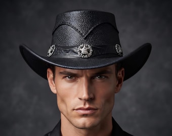 Handmade Vintage Leather Cowboy Hat | Eagle Star Concho Western Style