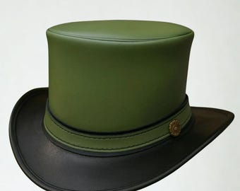 Sombrero de copa steampunk verde y negro, estilo victoriano gótico, ideal para festivales y disfraces.