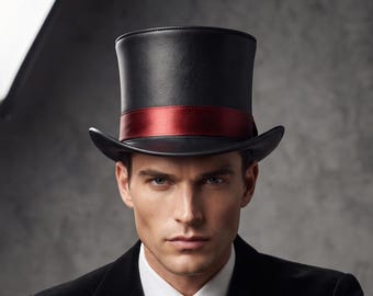 Steampunk Leather Top Hat Black Gothic Cosplay Hat with Red Accent Band