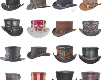 Handmade Leather Top Hat, Steampunk Gothic Style, Skull Buckle Design, Biker Costume"