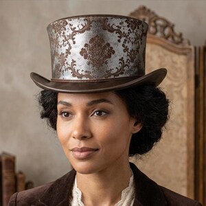 Handmade Brown Leather Top Hat with Damask Band – Steampunk Victorian Gothic Festival Cosplay Hat