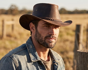 Brown Genuine Leather Cowboy Hat Western Outback Rodeo Bushcraft Hat Men Women