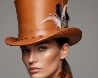 Orange Leather Steampunk Top Hat Feather Victorian Cosplay Costume Western Industrial Style