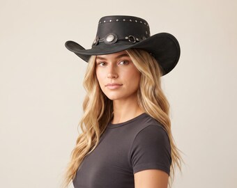 Black Leather Cowboy Hat Western Rancher Style Studded Country Headwear