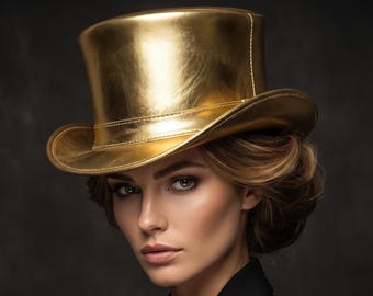 Gold Leather Steampunk Top Hat Handmade Victorian Gothic Cosplay Festival Costume Hat