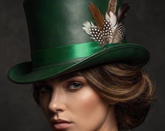 Handmade Green Leather Top Hat with Feather Detail