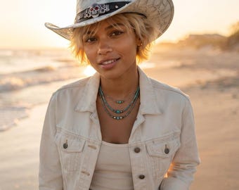 White Crocodile Print Cowboy Hat, Skull Concho, Handmade Western Biker Style