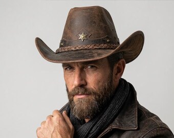 Distressed Brown Leather Cowboy Hat: Western Outback Ranch Rodeo Unisex Festival Headwear