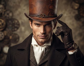 Handmade Leather Steampunk Top Hat, Victorian Gothic Costume, Cosplay Festival Gift, Western Style