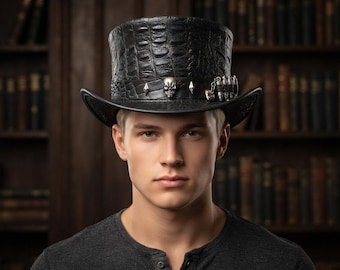 Handmade Crocodile Embossed Leather Top Hat: Steampunk, Gothic, Biker Accents