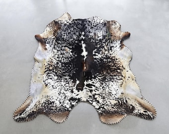 Cowhide Rug, Black White Brown Spotted, Genuine Leather Floor Rug, Handmade