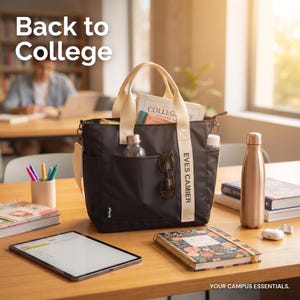 May include: A black tote bag with cream-colored handles and a vertical strap featuring the text EVES CAMIER. The bag contains books, a water bottle, and sunglasses. The text Back to College and YOUR CAMPUS ESSENTIALS appear in the image.