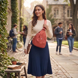 May include: A cream-colored cable-knit sweater, a navy blue pleated midi skirt, and a coral-colored sling backpack with a single shoulder strap and a small metallic circular accent on the front pocket, held by a person in an outdoor setting.