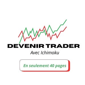 May include: White background with the text "DEVENIR TRADER Avec Ichimoku" in black. Above the text are two colored lines, one red and one green, resembling a stock market graph. Below the text is a box with the text "En seulement 40 pages".