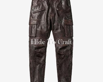 Men's Leather Pants-Real Leather Motorcycle Pants Streetwear cargo Trousers