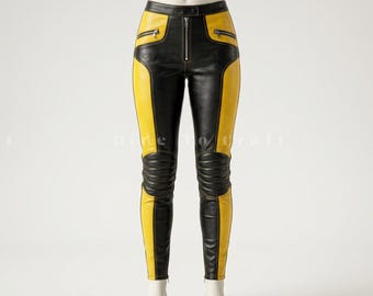 Women's Leather Biker Pants, Slim Fit Streetwear Trousers Yellow Lambskin Pants