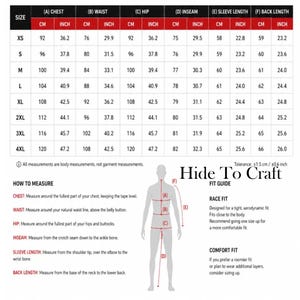 May include: A size chart for clothing measurements, including chest, waist, hip, inseam, sleeve, and back length in inches and centimeters. The chart includes sizes XS to 4XL. The text "Hide To Craft" is also visible.