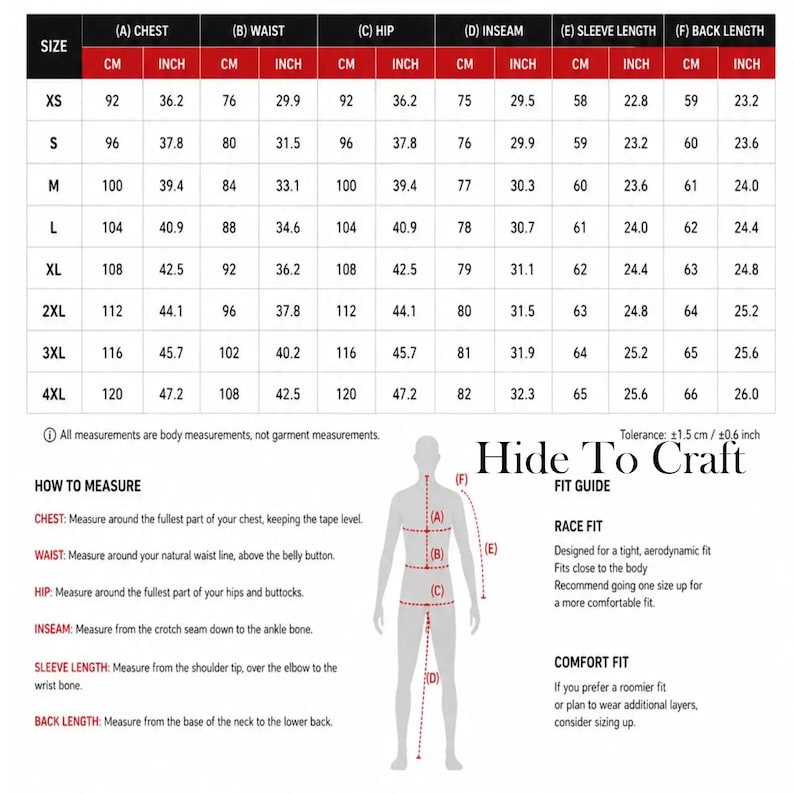 May include: A size chart for clothing measurements, including chest, waist, hip, inseam, sleeve, and back length in inches and centimeters. The chart includes sizes XS to 4XL. The text "Hide To Craft" is also visible.
