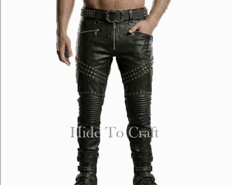 Black Leather Pants Men Slim Fit Motorcycle Pants Real Leather Streetwear Trousers
