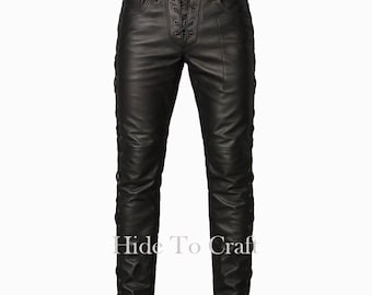 Men's Black Genuine Leather Lace-Up Pants – Gothic Punk Streetwear Trousers