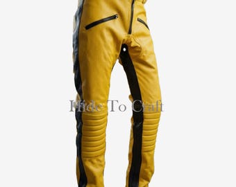 Men's Heavy Duty Yellow Leather Motorcycle Biker Pants – Custom Length Racing Armor