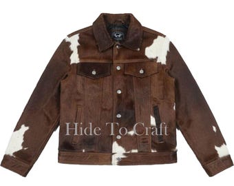 Men’s Real Cowhide Hair-On Leather Jacket Cow Skin Print Pony Hair Casual Coat