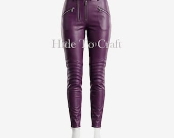 women's Lambskin Leather Pants Purple Slim Fit Trousers