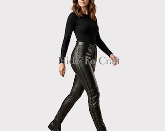 Women's Black Genuine Leather Lace-Up High Waist Slim-Fit Biker Pants