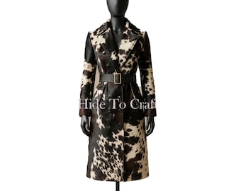 Women's Cowhide Leather Trench Coat | Black White Cow Print Western Jacket