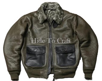 Men's G1 Olive Leather Flight Jacket | Faux Fur Collar Aviator Bomber Coat