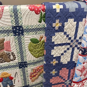 May include: A collection of handmade quilts with various patterns and appliqued designs. One quilt features a blue and white patchwork design, while another showcases an apple and a fisherman. The quilts are in shades of blue, white, red, and green.