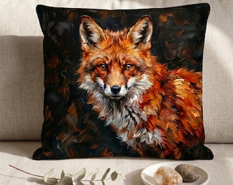 Dark Academia Red Fox Throw Pillow Moody Woodland Wildlife Accent Cushion Vintage Painterly Animal Portrait Home Decor Housewarming Gift