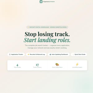 Peut inclure: Visuel de téléchargement numérique pour un outil de recherche d'emploi. Le texte principal est "Stop losing track. Start landing roles." Il propose le suivi des candidatures, les journaux de recruteurs et des informations automatisées. Design épuré, vert clair et blanc.