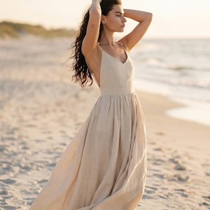 Linen Cotton Midi Dress, Beige Boho Summer Beach Vacation Dress