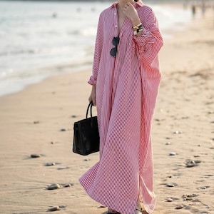 Vestido largo de algodón a rayas, caftán de playa con mangas murciélago, camisa holgada de verano.