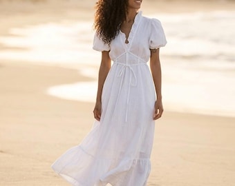 Vestido largo de lino y algodón blanco para mujer, vestido romántico estilo boho, vestido con volantes y escote en V, elegante vestido de verano, vestido para bodas en la playa.