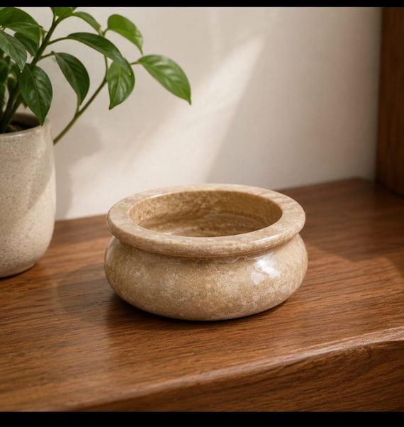 Beige Travertin Dekorative Schale | Naturstein Obstschale | Modernes minimalistisches Herzstück