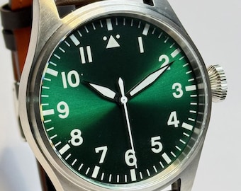 Big Aviator Fliegeruhr 43mm, Handgefertigt mit grünen Zifferblatt, Saphirglas, sehr präzises PT5000 Automatikuhrwerk, 20ATM, mit Garantie
