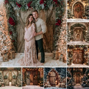 May include: A collage of holiday-themed photography backdrops featuring rustic wooden doors, snow-covered evergreen trees, and festive greenery. The images include warm string lights, red floral accents, and snowy ground textures for seasonal portraits.