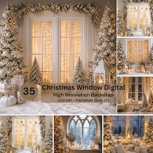 May include: A collection of 35 digital Christmas window backdrops featuring snowy scenes, decorated pine trees with ornaments, warm fairy lights, white lanterns, and frosted window panes. These high-resolution images are set at 300 DPI.