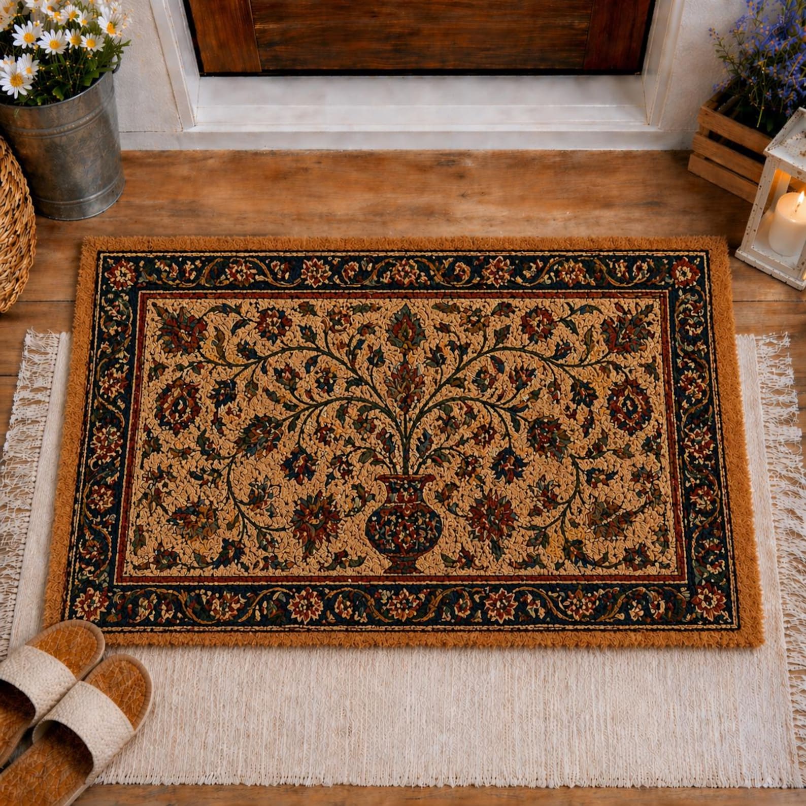 Persian Rug Doormat, Tree of Life Welcome Mat, Vintage Oriental Outdoor Rug, Luxury Entryway Decor, Coir Front Door Mat, Floral Persian Mat - Small 16"x24"