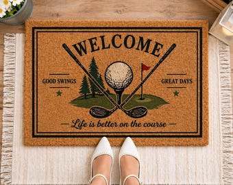 Golf Welcome Mat for Golfers, Housewarming Gift, Father Day Gift, Retirement Gift, Outdoor Coir Front Door Entry Rug, Golf Course Decor