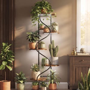 May include: An 8-tier lighted spiral plant stand with a black metal frame and circular wooden shelves. The structure features integrated LED lighting under several tiers, holding various potted plants including a cactus and trailing vines.