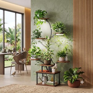 51" Curved Plant Stand, 8-Tier Indoor Shelf LED Grow Lights, Rustic Brown Flower Tower