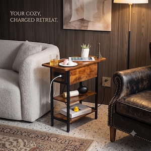 May include: A rectangular side table with a dark wood finish and black metal frame, featuring a top surface with a tablet, a small plant, and a glass, a middle shelf with a white cylinder, and a bottom shelf with a book and a yellow duck toy.