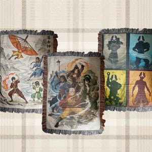 May include: Three rectangular woven blankets featuring Avatar: The Last Airbender characters. One shows Aang flying, one depicts a group of characters in action, and the third displays four silhouettes of Aang in different elemental forms.