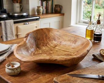 Frutero de madera de olivo tallado a mano – Plato grande rústico con borde natural