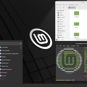 May include: A computer desktop with the Linux Mint logo in the center. The screen displays open windows, including a file manager, a terminal, and an applications menu. The interface has a dark theme with green accents.