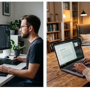 Könnte beinhalten: Zwei Bilder nebeneinander. Das linke Bild zeigt eine Person, die einen Computer mit einer Blender 4.1-Oberfläche, einer Tastatur und einem Zeichentablett verwendet. Das rechte Bild zeigt eine Person, die an einem Laptop an einem Holztisch arbeitet.